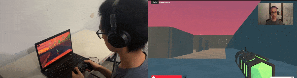 DIS 2023 - Figure 6: Two videos showing a wearer playing a video game while leaning left and right. These movements control his character’s movements, enabling him to duck and peek around walls.