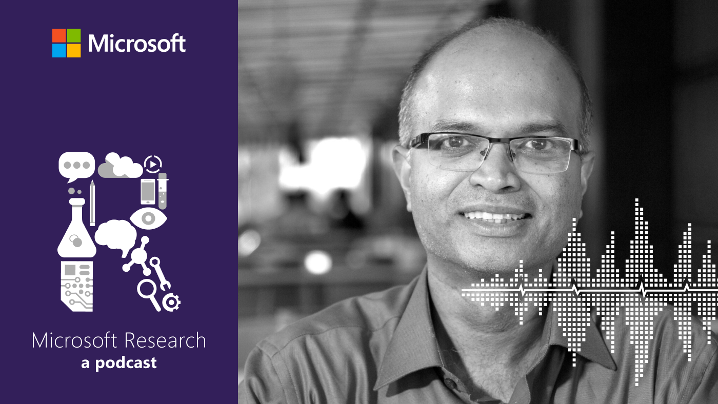 AI Frontiers with Sriram Rajamani; black and white photo of Sriram Rajamani, Managing Director of Microsoft Research India, next to the Microsoft Research Podcast