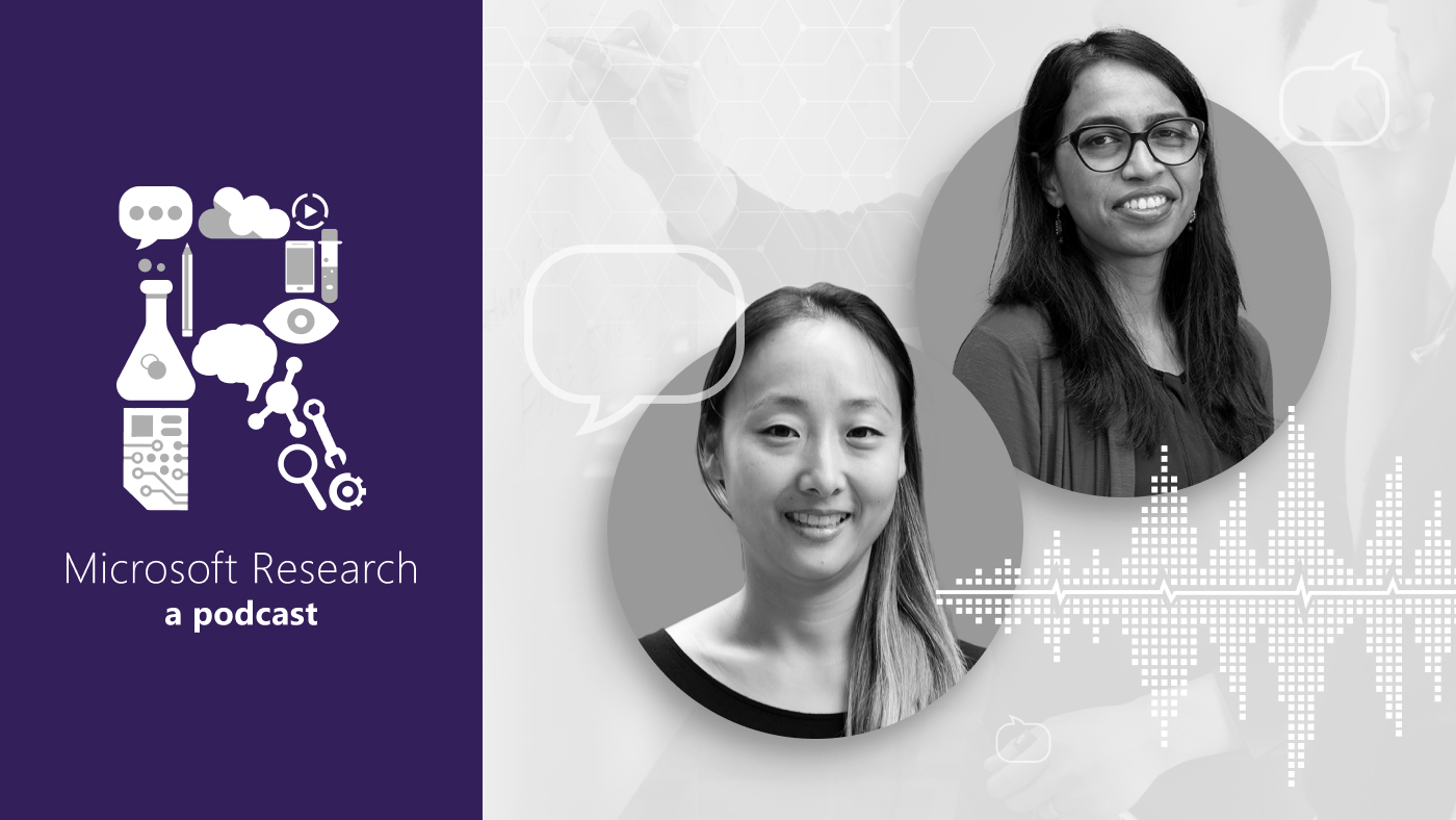 black and white photos of Principal Researcher Dr. Jina Suh and Principal Applied and Data Science Manager Dr. Shamsi Iqbal, next to the Microsoft Research Podcast "R" logo