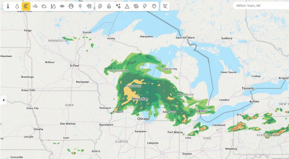 Figure 5: This figure shows Microsoft Start precipitation nowcast application on Bing, i.e., every 4 minutes for the next 4 hours. Weather from Microsoft Start provides precise weather information to help users make better decisions for their lifestyles, health, jobs and activities – including accurate 10-day global weather forecasts updated multiple times every hour.