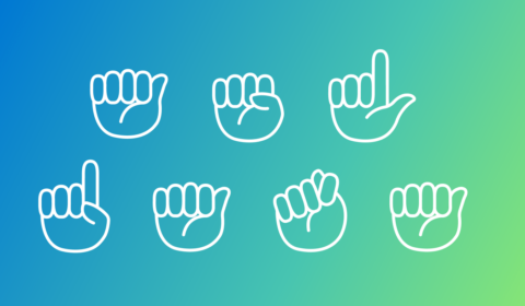 Blue to green gradient. Two rows of hands: the top row signing ASL and the bottom row signing Data.