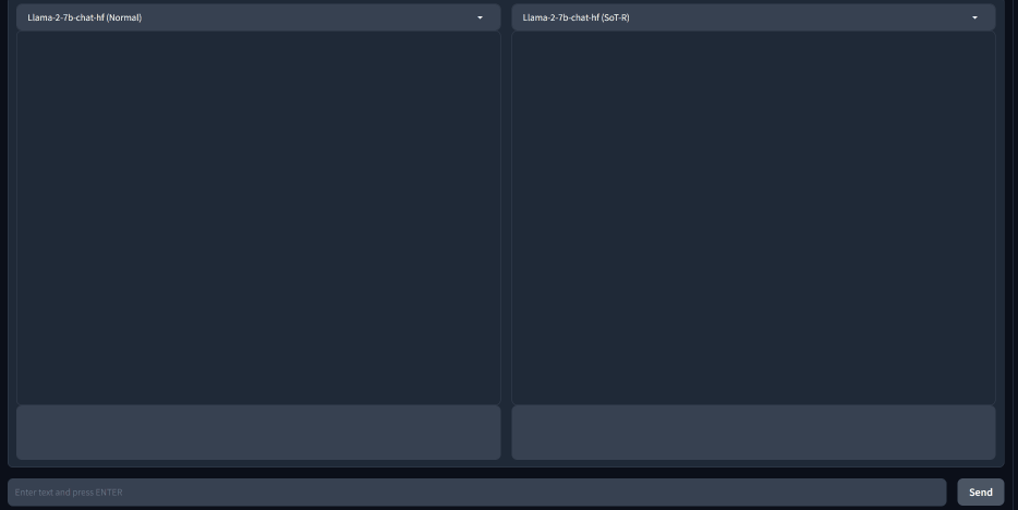 SoT - Figure 1: A screen recording of the demo of the normal sequential decoding approach and the Skeleton-of-Thought approach on answering the question “How can I improve my time management techniques?”. The left figure shows the generation process of normal sequential decoding, where the answers are generated word-by-word and. The right figure shows the generation process of Skeleton-of-Thought, where multiple points in the answer are generated in parallel and is therefore faster. After the generation of both methods is done, the generation time of both methods is displayed, which suggests that Skeleton-of-Thought provides 3.72x speed-up.