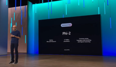Satya Nadella on stage at Microsoft Ignite 2023 announcing Phi-2.