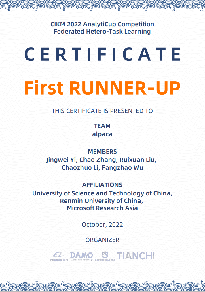 婧玮与团队在 CIKM 2022 AnalytiCup 获得第二名