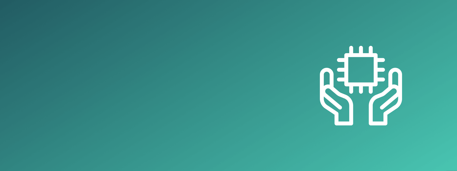 white icon of microchip surrounded by two hands on a green gradient background
