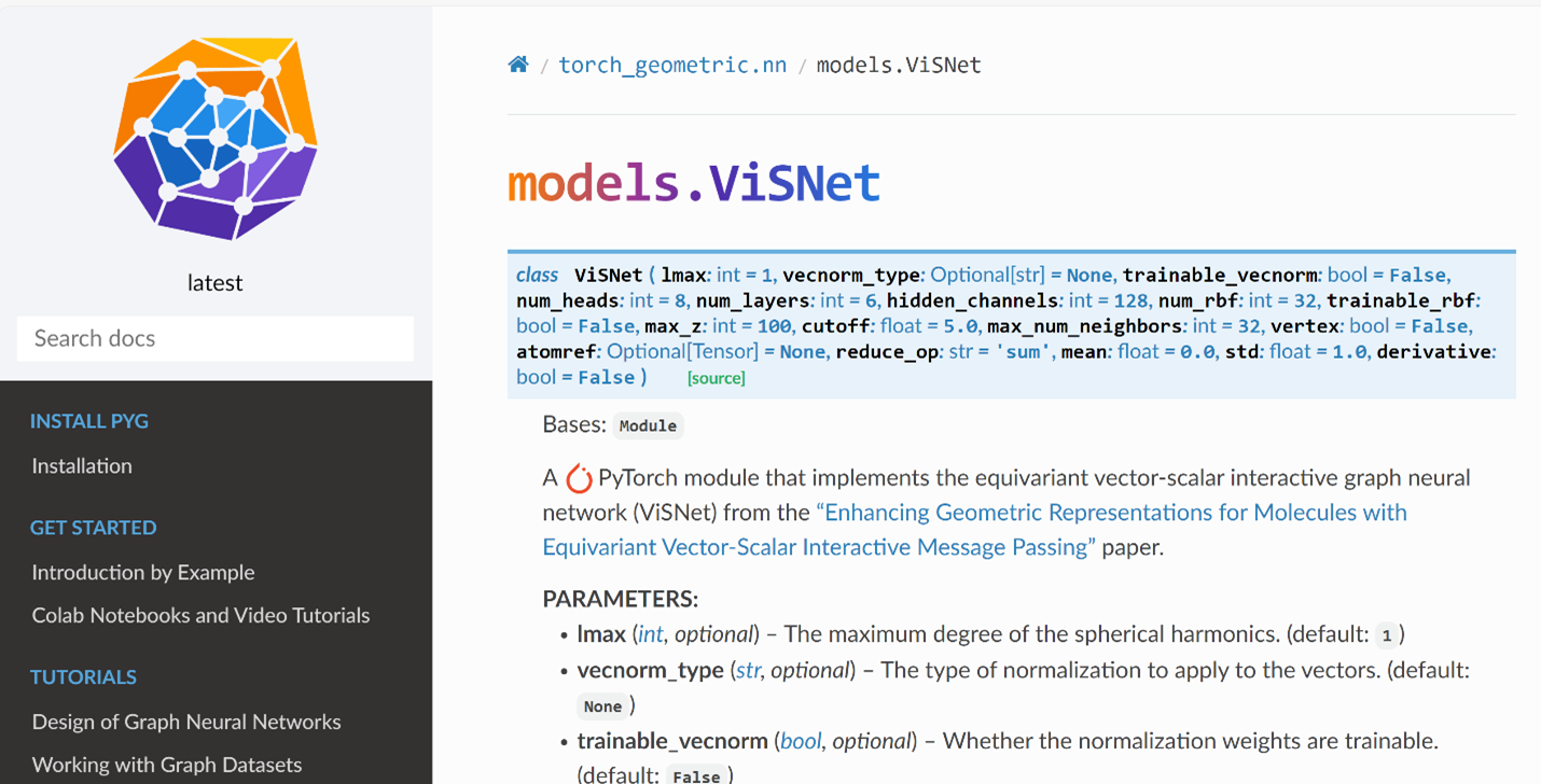 Figure 2. ViSNet in the PyTorch Geometric Library. A PyTorch module that implements the equivariant vector-scalar interactive graph neural network (ViSNet) from the “Enhancing Geometric Representations for Molecules with Equivariant Vector-Scalar Interactive Message Passing” paper. 