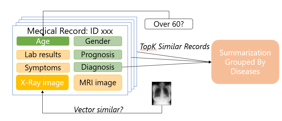Diagram showing a medical record containing scalar data such as age, gender, prognosis and diagnostic results, and high-dimensional vector data such as X-ray image, MRI image, symptoms and lab results from the vector database, and the vector database being unified with the traditional database through more advanced scalar-vector mixed data analysis technology.
