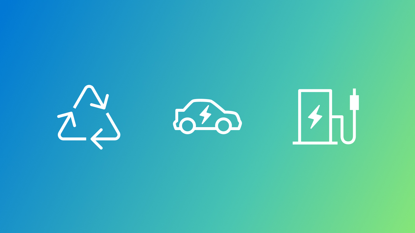 white icons symbolizing renewable electric energy on a blue and green gradient background