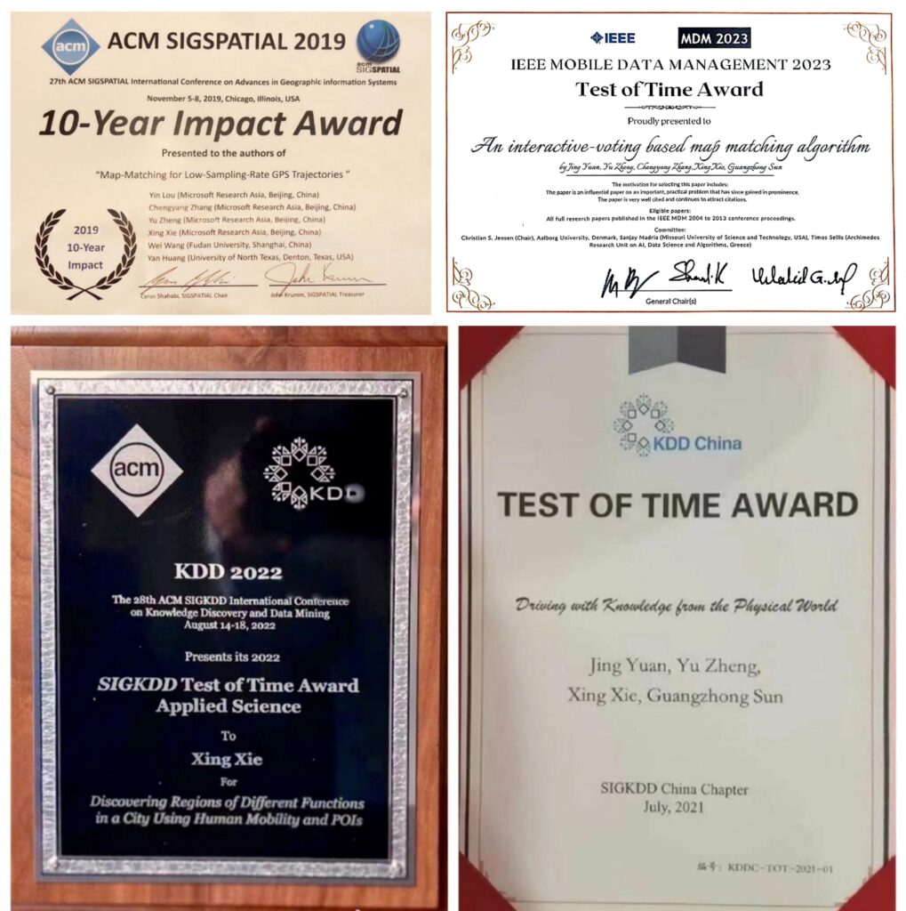 MSR Asia | four awards: 2019 10-Year Impact Award, 2023 Test of Time Award, KDD 2022 Test of Time Award, 2021 KDD China Test of Time Award