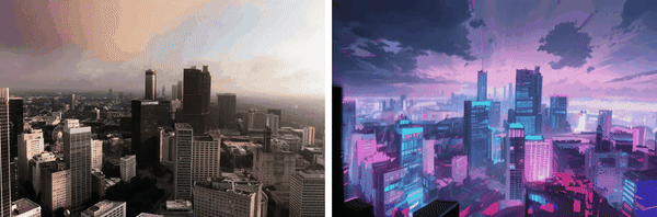 MicroCinema animation: two versions of a city skyline with different color treatments