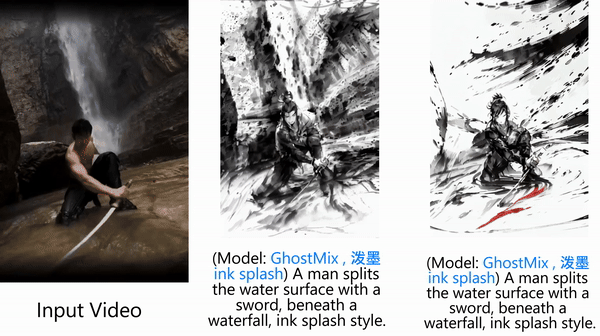 MicroCinema animation: three versions of a martial artist splitting water surface with a sword