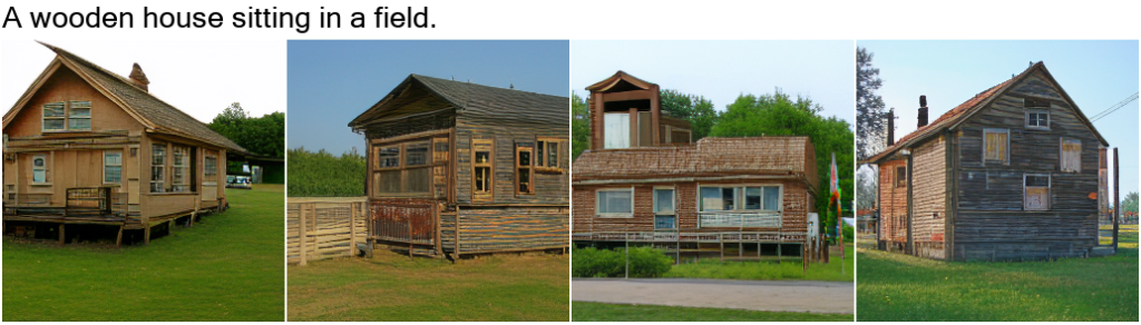 图3：文本到图像任务。例如，给定文本“A wooden house sitting in a field”(一个小木屋坐落在田野间)。NÜWA 创作了4种不同拍摄角度的小木屋，这些小木屋不仅朝向风格多样、而且真实性很好。