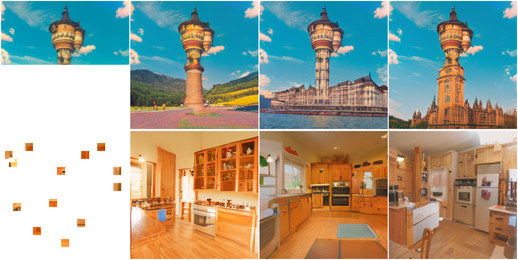 图5：图像补全任务。例如第1行，输入上方的塔尖（50%的原图），NÜWA 可以补全出塔下方的样子，圆柱甚至屋顶。对于第2行，当仅仅给5%的图像区域时，NÜWA 依然可以做到图像补全。