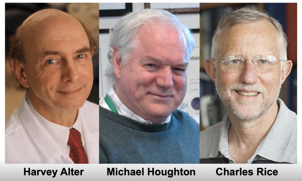 三位对丙肝病毒发现做出重要贡献的诺贝尔奖获得者（图片来源从左到右：美国国立卫生研究院官网，阿尔伯塔大学官网和洛克菲勒大学官网）