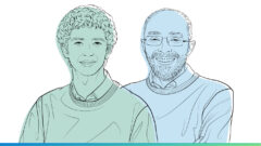 Illustrated images of Dexter Greene and Richard Black for the Microsoft Research Podcast.