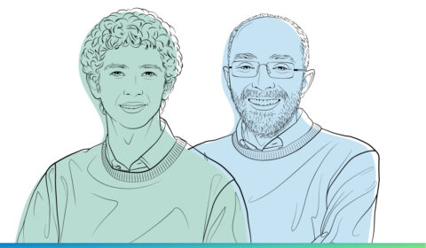 Illustrated images of Dexter Greene and Richard Black for the Microsoft Research Podcast.