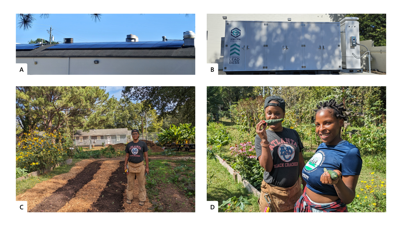 Figure 3 (A) and 3 (B)  shows pictures of the VCC resilience hub, with solar panels  and batteries for energy storage 

 

Figure 3 (C) and 3 (D) shows pictures of the community farm, and volunteers at WAWA, a key center to support the future of community agriculture to be supported by the microgrid 