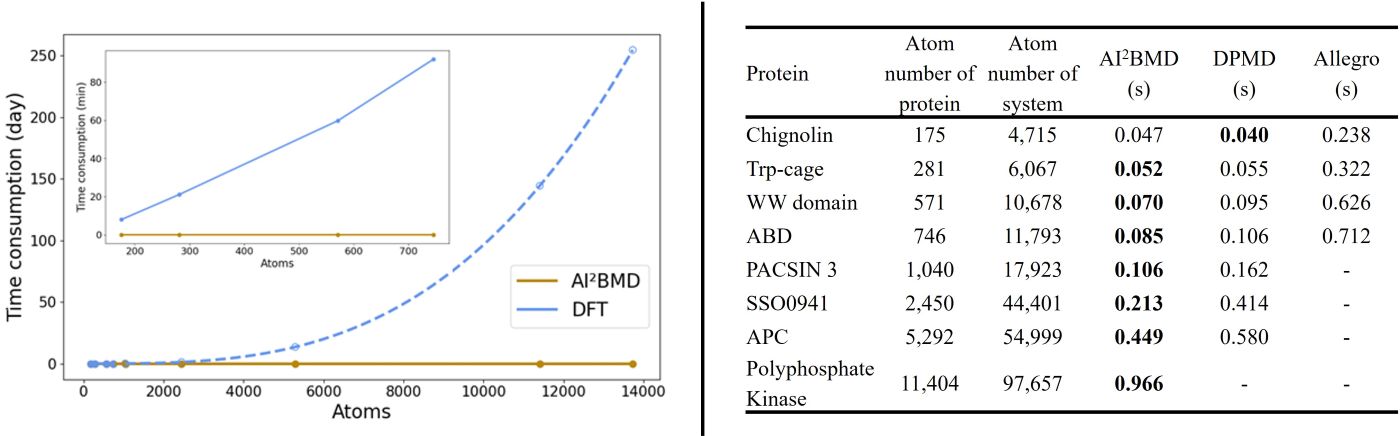 Fig.3 Comparison of time consumption between AI2BMD, DFT and other AI driven simulation software. The left panel shows the time consumption of AI2BMD and DFT. The right panel shows the time consumption of AI2BMD, DPMD and Allegro.