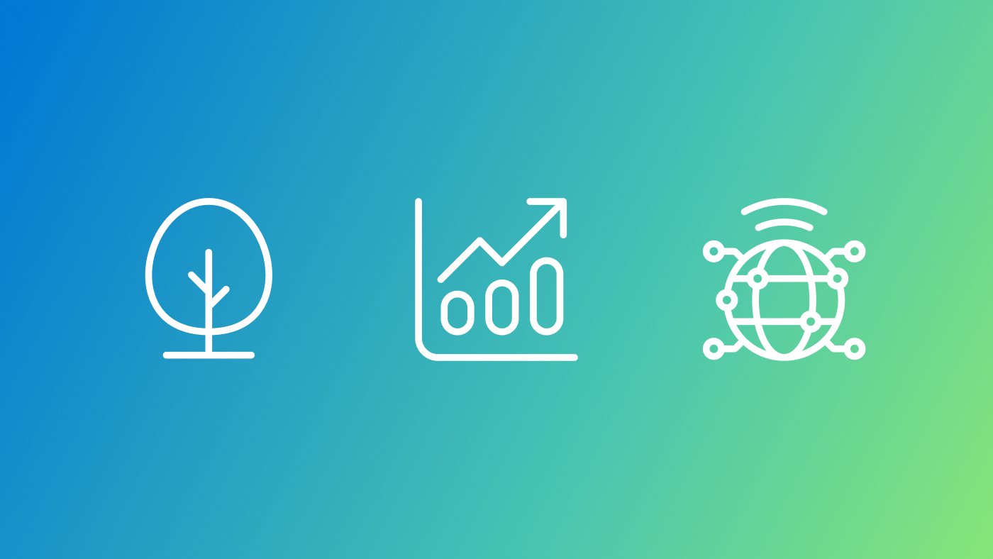 Three icons that represent (left to right) ecology and environment, economics, and technology for emerging markets.