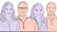 Outlined illustrations of Karin Strauss, Jake Smith, Bichlien Nguyen, and Sergey Yekhanin for the Microsoft Research Podcast, Ideas series.