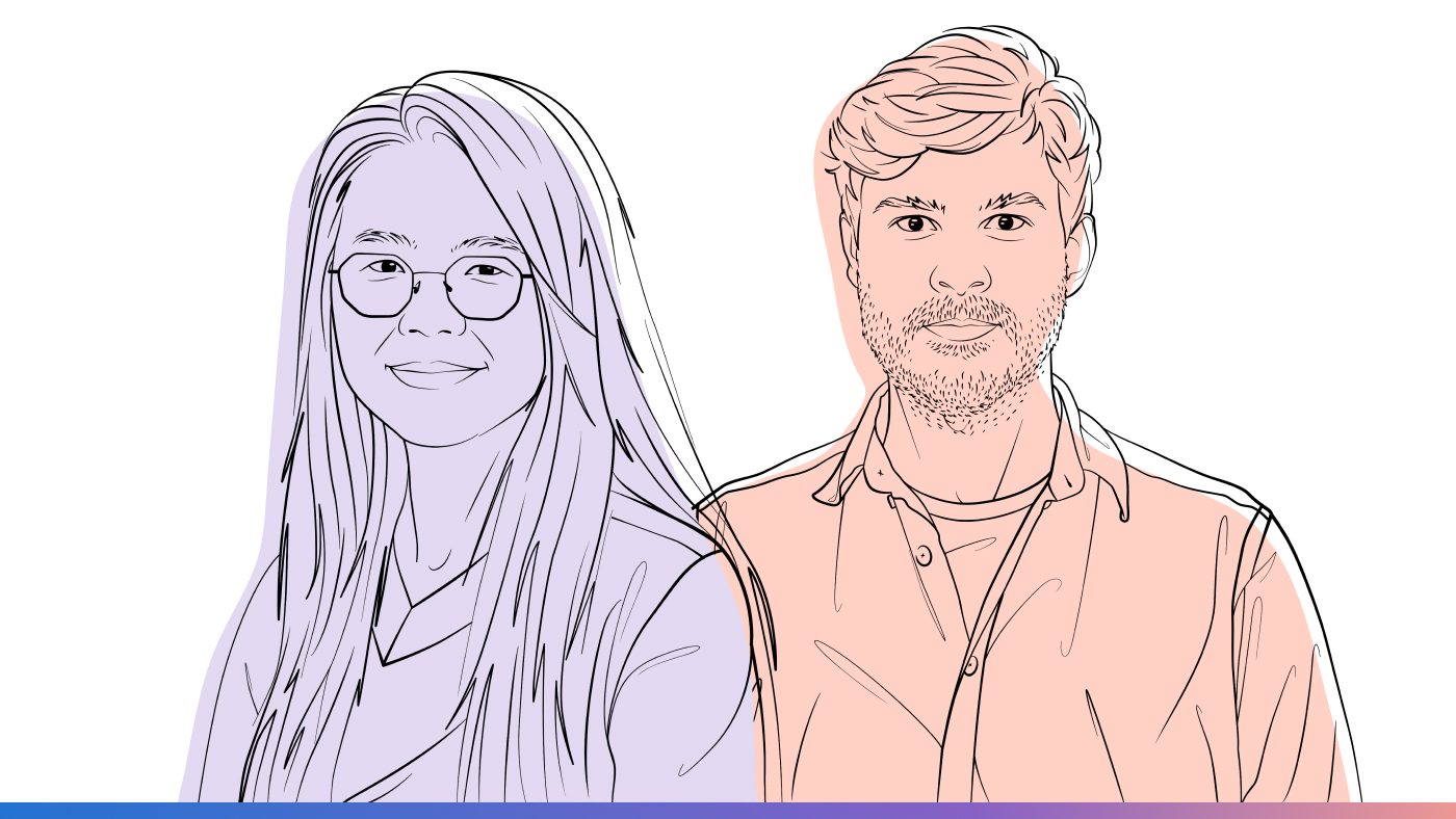 Outlined illustrations of Shan Lu and Bogdan Stoica for the Microsoft Research Podcast.