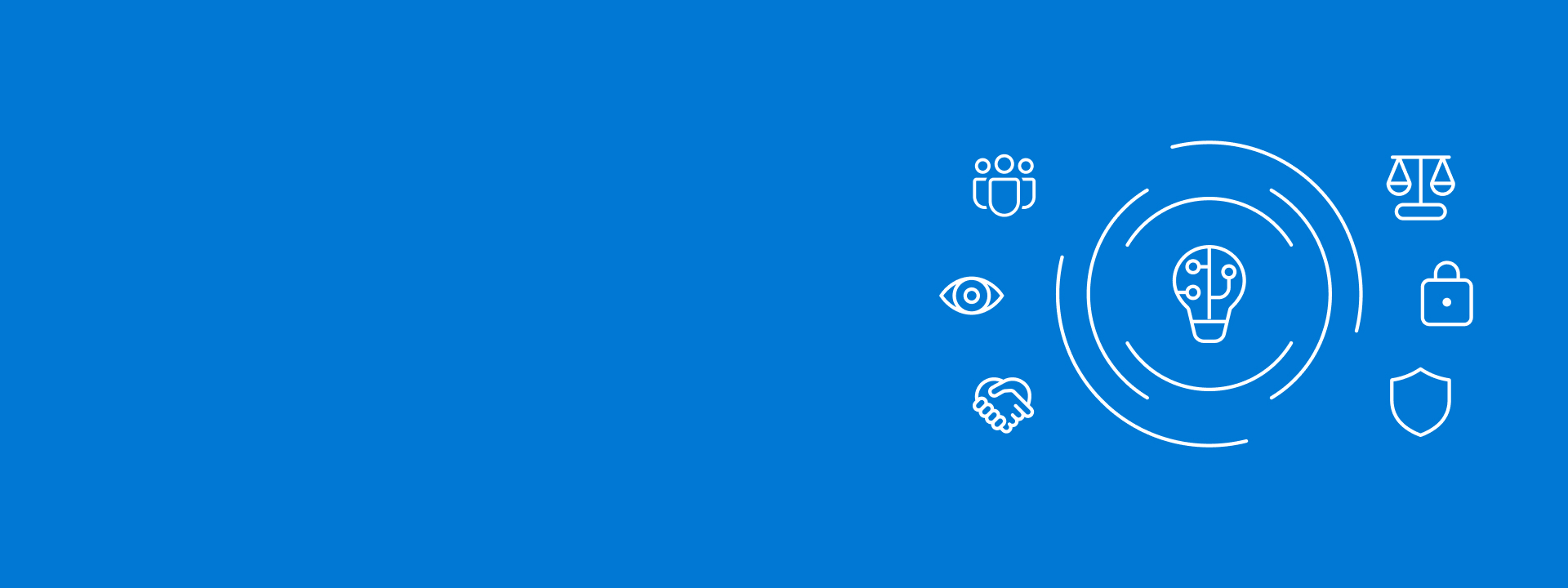 White lightbulb icon centered. Six icons surround it: (left to right) group of people, eyeball, shaking hands, set of scales, lock, and shield.