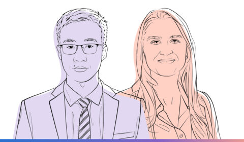 Outlined illustrations of Tong Wang and Bonnie Kruft for the Microsoft Research Podcast, Abstracts series.