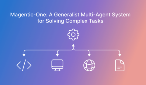 An abstract image of the Magentic-One multi-agent team shown as a hierarchy of agents with the top node showing a gear icon to represent the Orchestrator agent, and four leaf nodes with icons representing the Coder, Computer Terminal, Web Surfer, FIle Surfer agents, respectively. The image shows a title with the text 