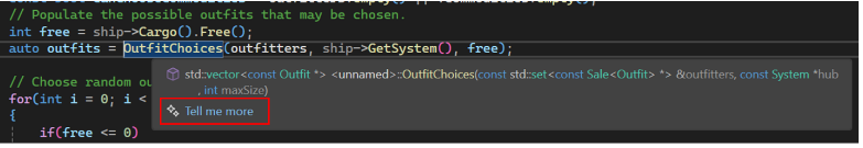 Example of the symbol that invokes the Copilot in Quick Info feature