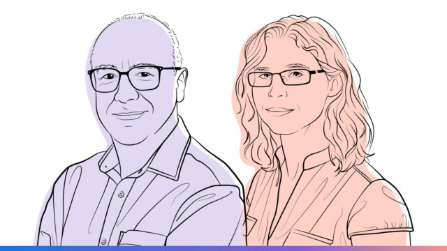 Illustrated headshots of Chris Bishop and Eliza Strickland