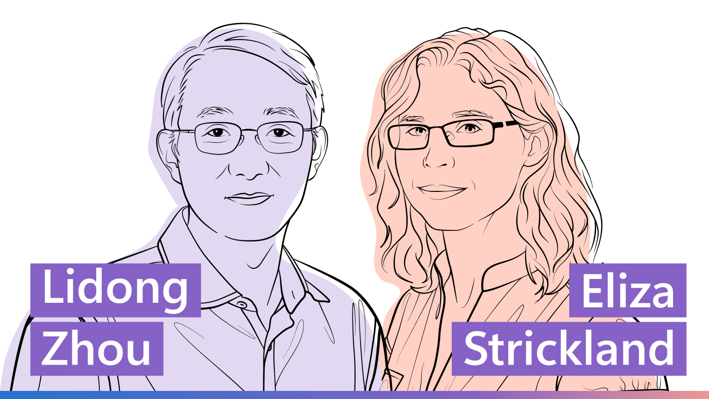 Illustrated headshots of Lidong Zhou and Eliza Strickland