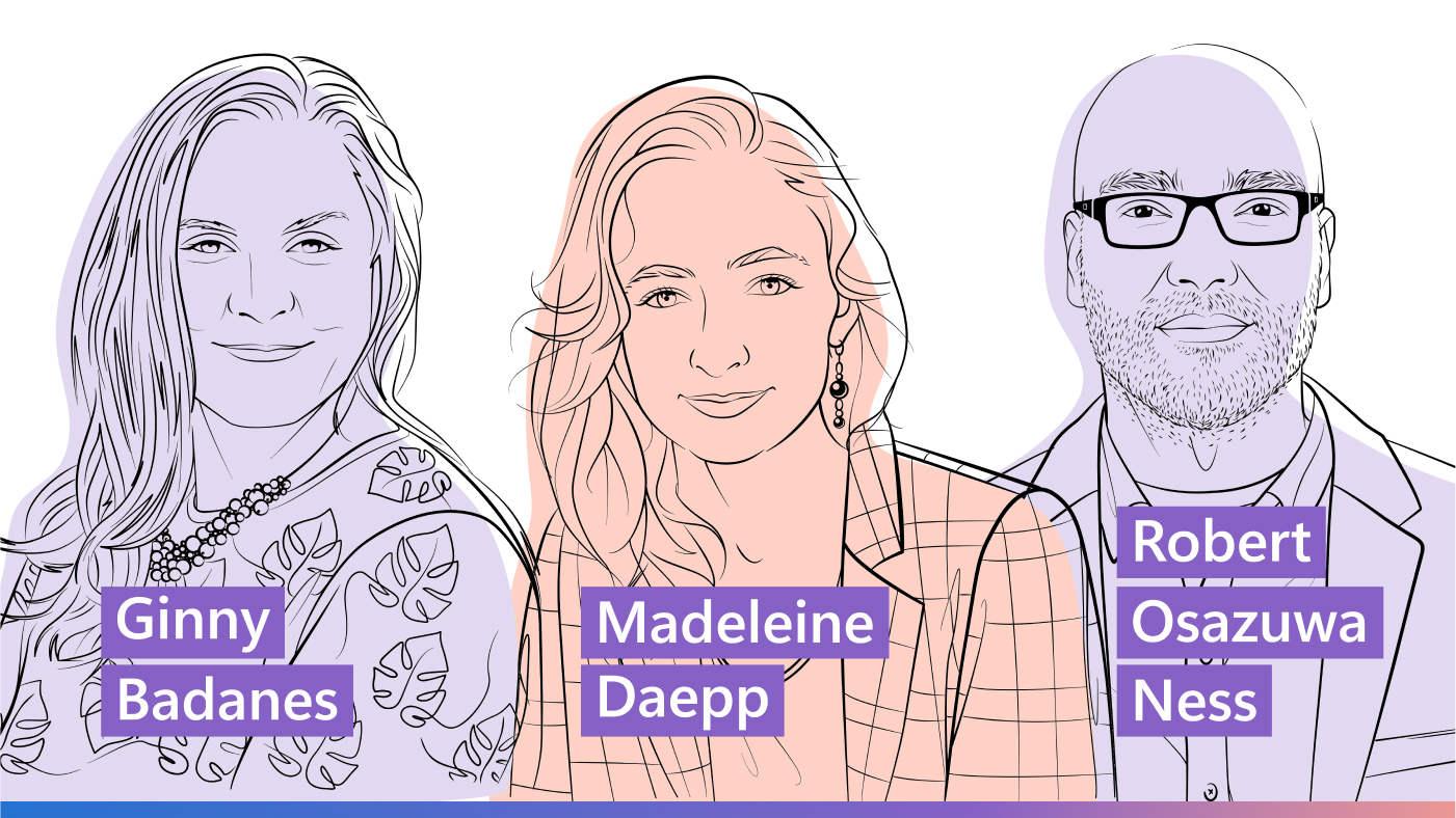 Illustrated headshots of Ginny Badanes, Madeleine Daepp and Robert Osazuwa Ness