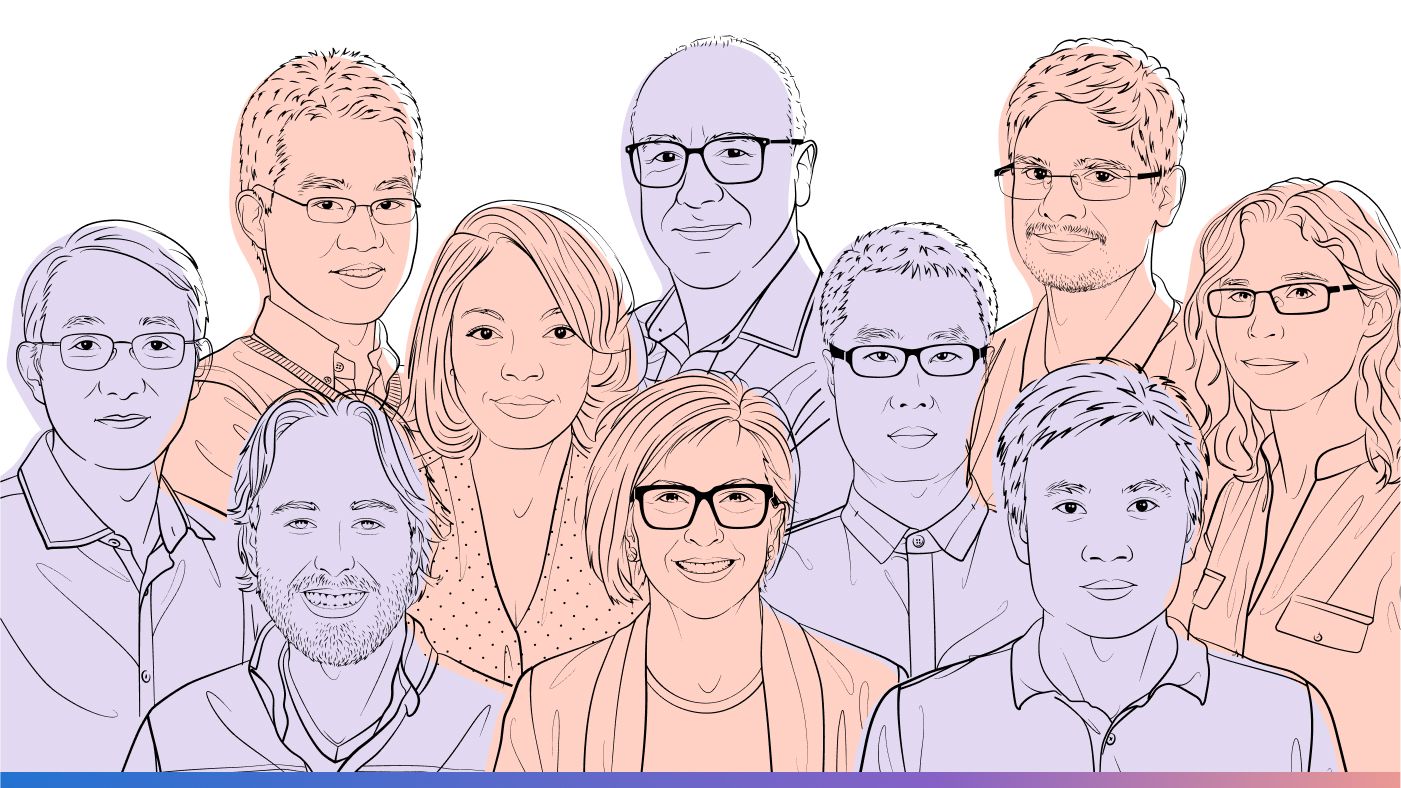 illustration of MSR Podcast guests for NeurIPS 2024 | Back row (left to right): Steven Euijong Whang, Chris Bishop, Pranjal Chitale | Middle row (left to right): Lidong Zhou, Amber Tingle, Jindong Wang, Eliza Strickland | Front row (left to right): Dylan Foster, Gretchen Huizinga, Weizhu Chen
