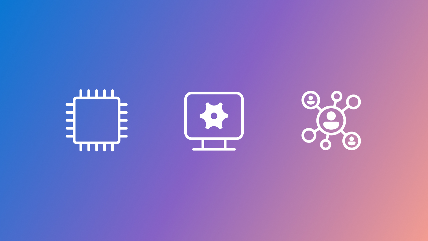 Three white icons that represent artificial intelligence, systems, and networking. These icons sit on a purple to pink gradient background.