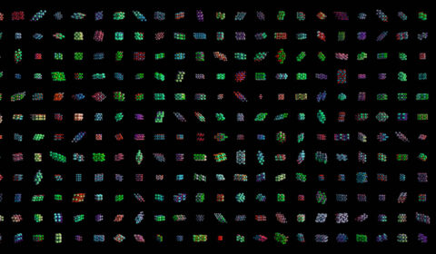 A grid of colorful, abstract shapes on a black background. Each cell in the grid features a unique three-dimensional geometric pattern, showcasing a variety of colors including green, red, blue, and purple.