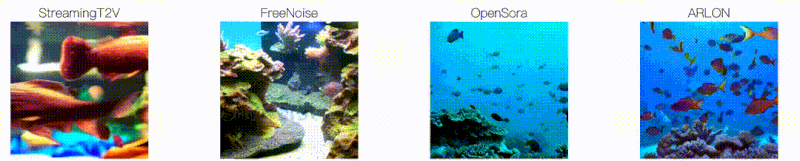 多个模型根据文案 “In a mesmerizing underwater world, schools of tropical fish, including angelfish, clownfish, and tangs, dart gracefully through the water……” 生成的视频对比