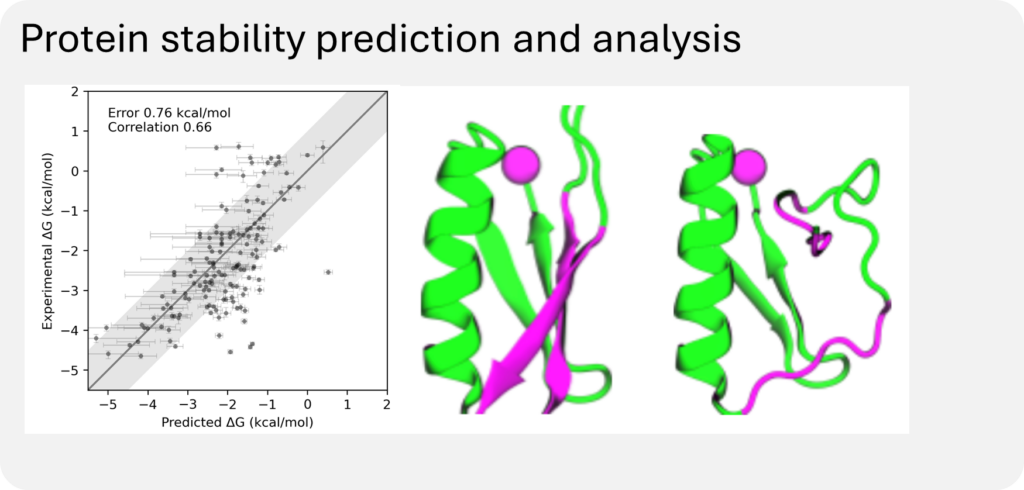 The left panel of the figure shows a scatter plot of the experimental folding free energies ΔG against those predicted by BioEmu-1. The plot shows a good correlation between the two. The right panel of the figure shows folded and unfolded structures of a protein.