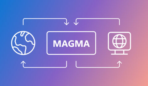 Gradient background transitioning from blue on the left to pink on the right. In the center, a rectangular box with ‘MAGMA’ written in bold white letters. To the left, an icon of a globe representing Earth. To the right, an icon of a computer monitor displaying a globe. Arrows connect these three elements in a circular flow, indicating interaction or data exchange between Earth, MAGMA, and the computer.
