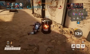 10 seconds video generated by Muse. The character Daemon from the game Bleeding Edge destroys a Cannister, and then collects the Power Cell within. Daemon then mounts their hoverboard and moves towards another set of Cannisters to destroy them.