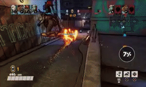 10 seconds video generated by Muse. The character Miko from the game Bleeding edge is on a hoverboard moving towards a group of Cannisters.