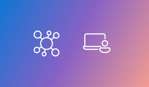 Gradient background transitioning from blue to pink with two white icons. The left icon depicts a network or molecule structure with interconnected nodes, and the right icon shows a laptop.