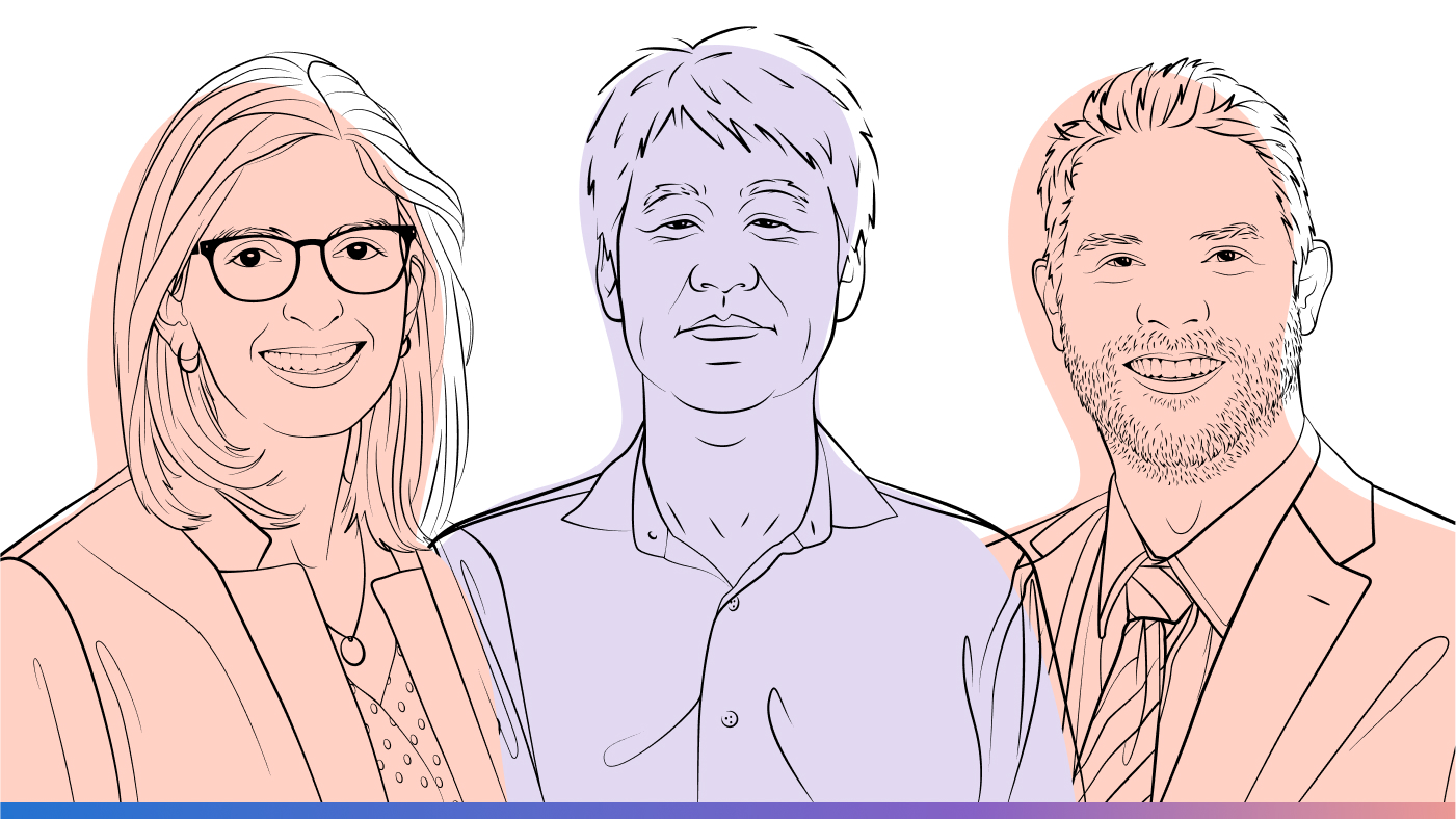 AI Revolution podcast | Episode 1 - The reality of generative AI in the clinic | outline illustration of Dr. Sara Murray, Peter Lee, Dr. Christopher Longhurst
