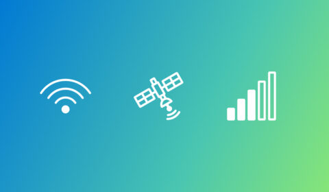The image features three white icons on a gradient background transitioning from blue on the left to green on the right. The first icon, located on the left, represents a Wi-Fi signal with curved lines radiating from a central point. The middle icon depicts a satellite with solar panels and an antenna emitting waves. The third icon, on the right, shows a bar chart with ascending bars indicating signal strength.
