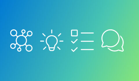 The image features four white icons on a gradient background that transitions from blue on the left to green on the right. The first icon is a network or molecule structure with interconnected nodes. The second icon is a light bulb, symbolizing an idea or innovation. The third icon is a checklist with three items and checkmarks next to each item. The fourth icon consists of two overlapping speech bubbles, representing communication or conversation.