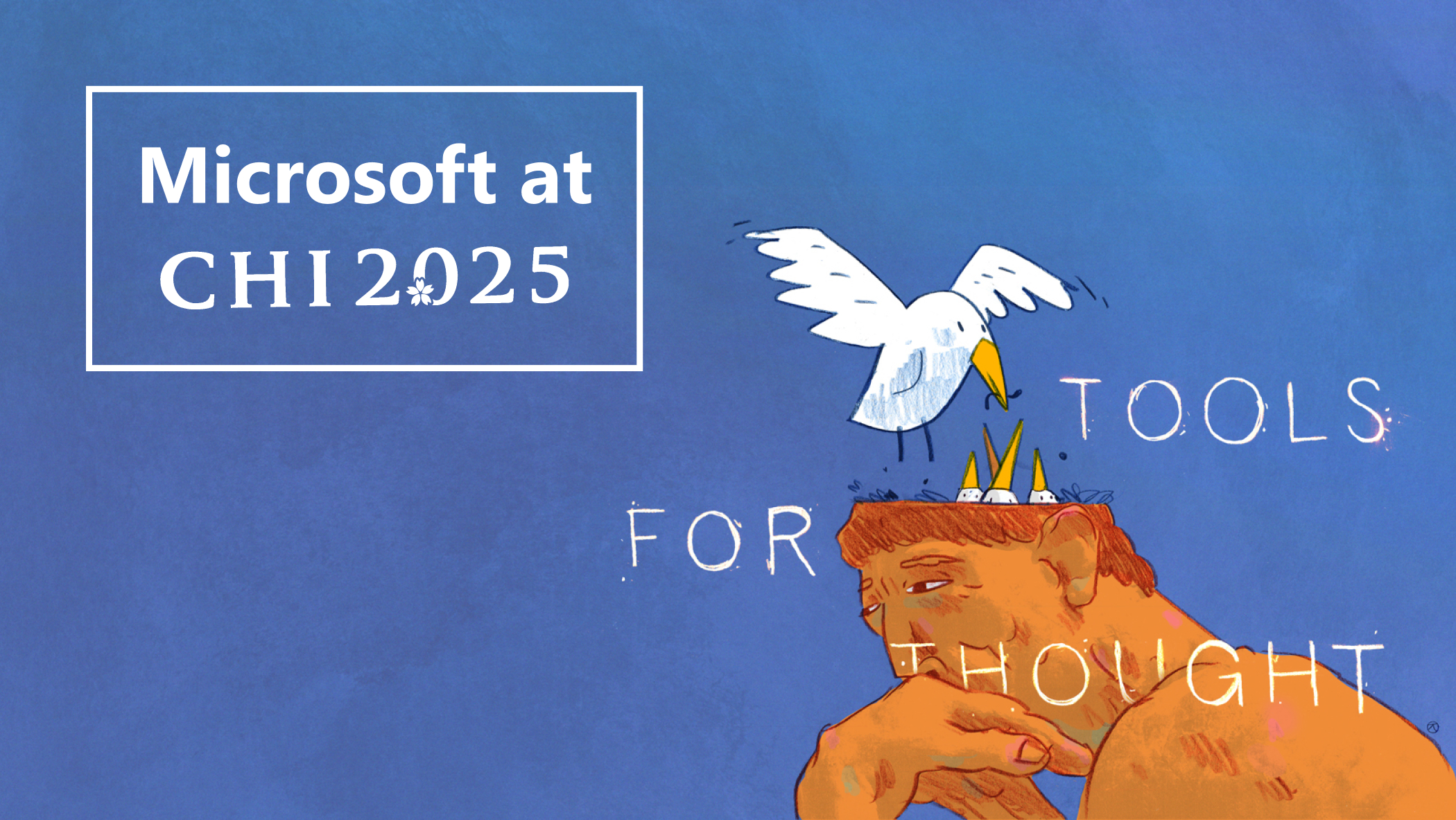 A digital illustration of a person with a contemplative expression, resting their chin on their hand. The top of the person's head is open, revealing a white bird standing inside. The seagull is holding a worm in its beak, feeding the baby birds. The background is blue, and the words "TOOLS FOR THOUGHT" are written across the image in white letters.