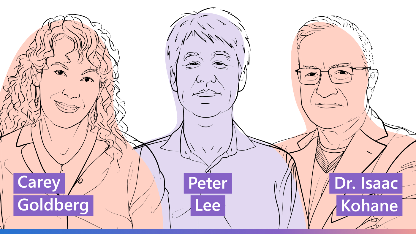 AI Revolution podcast | Episode 5 - Coauthor roundtable: Reflecting on real world of doctors, developers, patients, and policymakers | outline illustration of Carey Goldberg, Peter Lee, and Dr. Isaac (Zak) Kohane