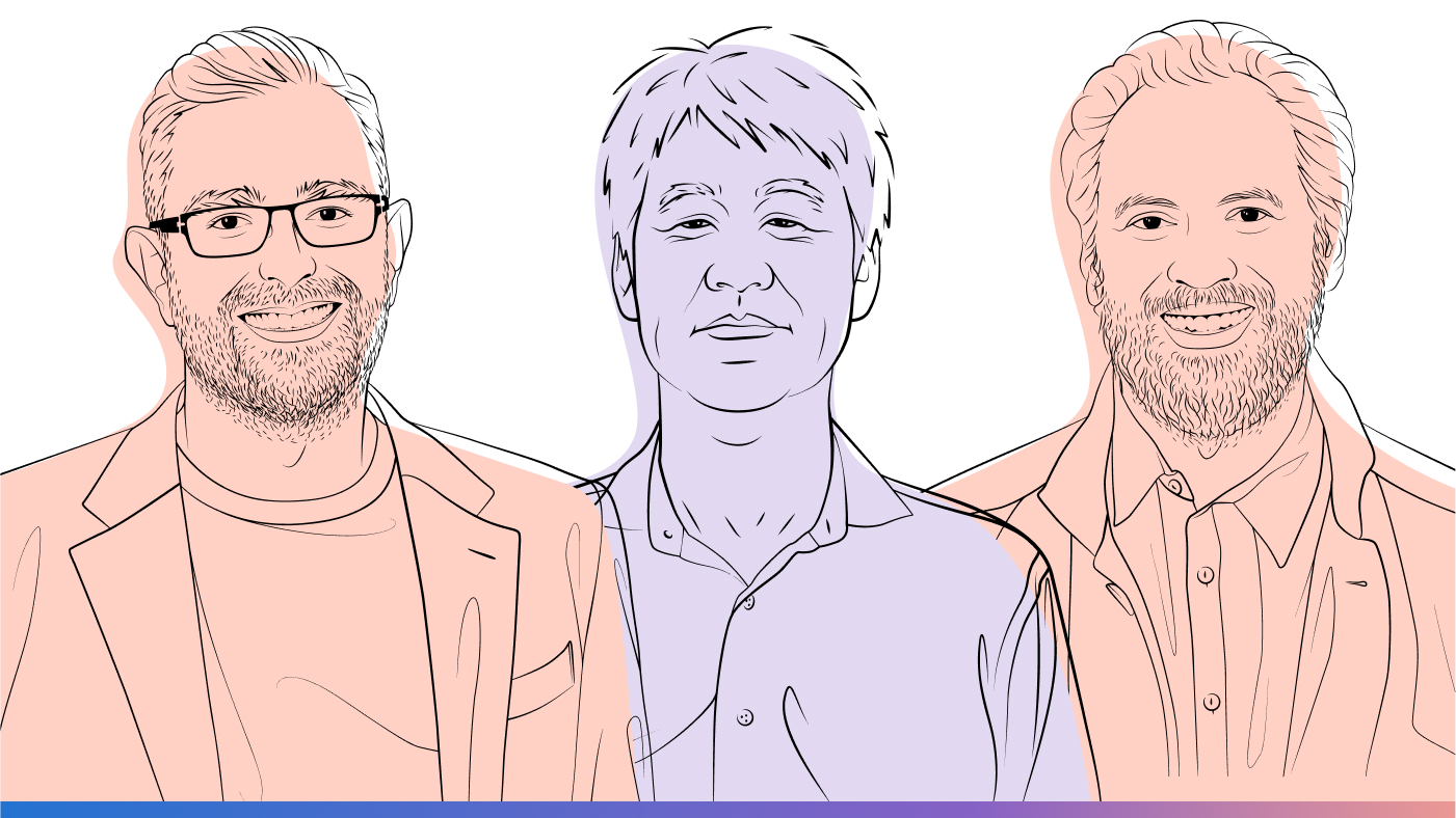 AI Revolution | Illustrated headshots of Azeem Azhar, Peter Lee, and Ethan Mollick