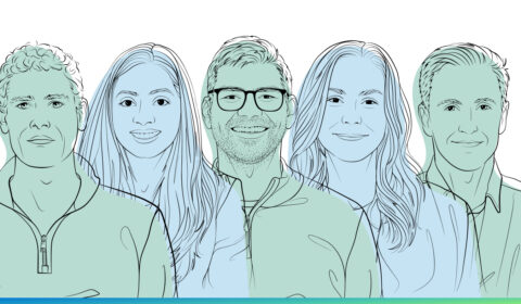 Microsoft Research Podcast | Collaborators: Healthcare Innovation to Impact | outline illustrations of Jonathan Carlson, Smitha Saligrama, Will Guyman, Cameron Runde, Dr. Matthew Lungren