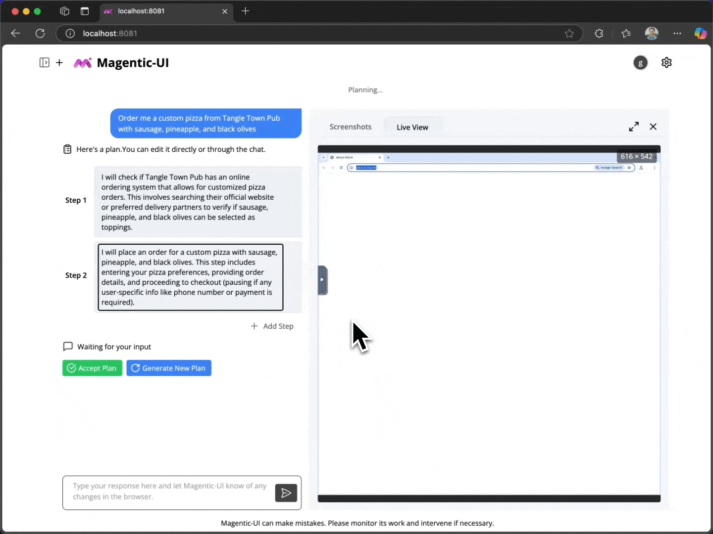 Co-planning - This figure describes how users can collaboratively plan with Magentic-UI. On the left hand side, users can accept the plan magentic-ui creates or re-create the plan. On the right hand side they can see the actions magnetic-ui is taking on the browser.