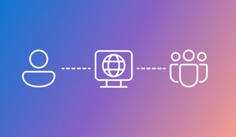 Icons representing individual and group connections to a central computer monitor with a globe, symbolizing online connectivity, set against a gradient background transitioning from blue to pink.